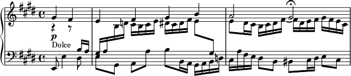 
\version "2.18.2"
\header {
  tagline = ##f
}
upper = \relative c'' {
  \clef treble 
  \key e \major
  \time 4/4
  \tempo 4 = 62
  %\autoBeamOff

   %%Brahms — Prélude de choral op. 122 n° 5 (pdf p. 28 : http://imslp.nl/imglnks/usimg/f/f2/IMSLP23166-PMLP10554-BraWV,_S._491.pdf)
   \partial 2
   << { gis4\p_\markup{Dolce} fis e fis gis b a2 gis2\fermata } \\ { r4 r8 \stemUp \change Staff = "lower" b,16 a gis a \change Staff = "upper" \stemDown b d! cis b cis e dis cis dis fis e8 \stemUp \change Staff = "lower" gis,8 \stemDown \change Staff = "upper" e'8 dis16 cis b cis dis fis~ fis dis e fis gis fis e cis } >>   

}

lower = \relative c {
  \clef bass
  \key e \major
  \time 4/4

   e,8 e'4 dis8 | \stemDown e8[ gis,] a[  a'] b b,16 a gis a b d! cis a' fis e dis8 b bis cis16 dis e8 cis
   
}

  \header {
    piece = ""
  }

\score {
  \new PianoStaff <<
    \new Staff = "upper" \upper
    \new Staff = "lower" \lower
  >>
  \layout {
    \context {
      \Score
      \remove "Metronome_mark_engraver"
    }
  }
  \midi { }
}
