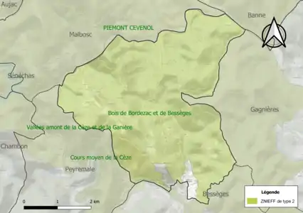 Carte des ZNIEFF de type 2 sur la commune.