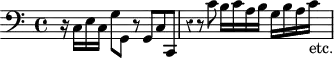 
\version "2.14.2"
\header {
  tagline = ##f
}

\score {
  \new Staff \with {
    % \remove "Time_signature_engraver"
    %  instrumentName = #"BuxWV 161 " 
  }
  \relative c {
    \key c \major
    \time 4/4
    \tempo 4 = 60
    %\autoBeamOff
    \clef bass
    \override Rest #'style = #'classical

   r16 \stemDown c16 e c g'8 g, r8 \stemUp g c c, | r4 r8 \stemDown c''8 b16 c a b g b a c-"etc."

  }
  \layout {
      #(layout-set-staff-size 17)
    \context {
      \Score
      \remove "Metronome_mark_engraver"
      \override SpacingSpanner.common-shortest-duration = #(ly:make-moment 1/2)
    }
  }
  \midi {    \set Staff.midiInstrument = #"church organ"}
}

