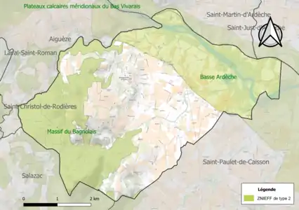 Carte des ZNIEFF de type 2 sur la commune.