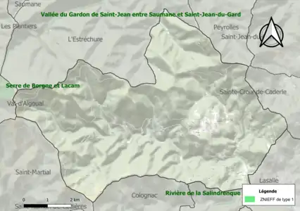 Carte des ZNIEFF de type 1 sur la commune.