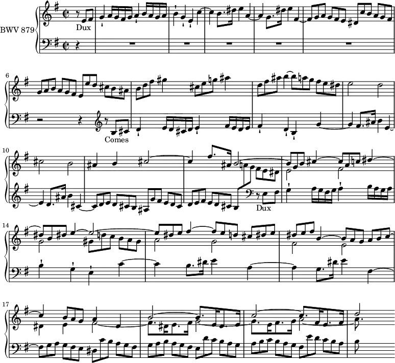 
\version "2.18.2"
\header {
  tagline = ##f
}

Dux   = { s4*0-\markup{Dux} \tuplet 3/2 { r8 e fis } | g4-! a16 g fis g a4-! b16 a g a | b4-! g-! e-! c'4~ | c b8.*8/9 dis16*4/3 e4 a,~ | a g8.*8/9 dis'16*4/3 e4 fis,~ | \tuplet 3/2 { fis8 g a } \tuplet 3/2 { g[ fis e] } \tuplet 3/2 { dis c' b } \tuplet 3/2 { a[ g fis] } \tuplet 3/2 { g a b } \tuplet 3/2 { a[ g fis] } \tuplet 3/2 { e e' d } \tuplet 3/2 { cis[ b ais] } }

Comes = { s4*0-\markup{Comes} \tuplet 3/2 { r8 b' cis } | d4-! e16 d cis d e4-! fis16 e d e | fis4-! d-! b-! g'4~ | g fis8.*8/9 ais16*4/3 b4 e,~ | e d8.*8/9 ais'16*4/3 b4 cis,~ | \tuplet 3/2 { cis8 d e } \tuplet 3/2 { d[ cis b] } \tuplet 3/2 { ais g' fis } \tuplet 3/2 { e[ d cis] } \tuplet 3/2 { d e fis } \tuplet 3/2 { e[ d cis] } }

upper = \relative c' {
  \clef treble 
  \key e \minor
  \time 2/2
  \tempo 2 = 69
  \set Staff.midiInstrument = #"harpsichord" 

   %% FUGUE CBT II-10, BWV 876, mi mineur
   \partial 4 \Dux \tuplet 3/2 { b d fis } gis4 \tuplet 3/2 { cis,8 e g } ais4 \tuplet 3/2 { d,8 fis ais } b4~ \tuplet 3/2 { b8 a g } \tuplet 3/2 { fis8[ e dis] } e2 d cis b
   << { ais4 b cis2~ cis4 fis8.*8/9 ais,16*4/3 b2~ \tuplet 3/2 { b8 g b } cis4~ \tuplet 3/2 { cis8 a c } dis4~ \tuplet 3/2 { dis8 b dis } e4~ e2~ \tuplet 3/2 { e8 dis e } fis4~ \tuplet 3/2 { fis8 e d } \tuplet 3/2 { cis[ dis e] } \tuplet 3/2 { dis e fis } b,4~ \tuplet 3/2 { b8 a g } \tuplet 3/2 { a[ b c~] } c4 \tuplet 3/2 { b8 a g } a4 dis, b'2~ b8.*8/9 e,16*4/3 dis8.*8/9 e16*4/3 c'2~ c8.*8/9 fis,16*4/3 e8.*8/9 fis16*4/3 d'2 } \\ { s1 s2 s4 \tuplet 3/2 { fis,8 e dis } e2 fis g \tuplet 3/2 { gis8[ d' c] } \tuplet 3/2 { b a gis } a2 g fis e | dis4 e fis2~ fis8.*8/9 dis16*4/3 e8.*8/9 fis16*4/3 g2~ g8.*8/9 e16*4/3 fis8.*8/9 g16*4/3 a2~ a8.*8/9 } >>
   
}

lower = \relative c {
  \clef bass 
  \key e \minor
  \time 2/2
  \set Staff.midiInstrument = #"harpsichord" 

   r4 R1*5 r2 r4 \clef treble \Comes \tuplet 3/2 { b8 \stemDown \change Staff = "upper" a' g } \change Staff = "lower"
   \clef bass \relative c s4*0-\markup{Dux} \tuplet 3/2 { r8 e, fis } | g4-! a16 g fis g a4-! b16 a g a | b4-! g-! e-! c'4~ | c b8.*8/9 dis16*4/3 e4 a,~ | a g8.*8/9 dis'16*4/3 e4 fis,~ | \tuplet 3/2 { fis8 g a } \tuplet 3/2 { g[ fis e] } \tuplet 3/2 { dis c' b } \tuplet 3/2 { a[ g fis] } \tuplet 3/2 { g a b } \tuplet 3/2 { a[ g fis] } \tuplet 3/2 { e d' c } \tuplet 3/2 { b[ a g] } | \tuplet 3/2 { a b c } \tuplet 3/2 { b[ a g] } \tuplet 3/2 { fis e' d } \tuplet 3/2 { c[ b a] } | \tuplet 3/2 { b8 }
} 

\score {
  \new PianoStaff <<
    \set PianoStaff.instrumentName = #"BWV 879"
    \new Staff = "upper" \upper
    \new Staff = "lower" \lower
  >>
  \layout {
    \context {
      \Score
      \remove "Metronome_mark_engraver"
      \override SpacingSpanner.common-shortest-duration = #(ly:make-moment 1/2)
      \override TupletBracket.bracket-visibility = ##f
      \omit TupletNumber
    }
  }
  \midi { }
}
