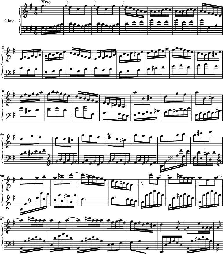 
\version "2.18.2"
\header {
  tagline = ##f
  % composer = "Domenico Scarlatti"
  % opus = "K. 125"
  % meter = "Allegro"
}

%% les petites notes
trillBesp     = { \tag #'print { bes4.\prall } \tag #'midi { c32 bes c bes~ bes4 } }

upper = \relative c'' {
  \clef treble 
  \key g \major
  \time 3/8
  \tempo 4. = 82
  \set Staff.midiInstrument = #"harpsichord"
  \override TupletBracket.bracket-visibility = ##f

      s8*0^\markup{Vivo}
      g'4. | \repeat unfold 2 { \appoggiatura g16 fis8 d g } | \appoggiatura g16 fis16 e d c b a | b a b c d c |
      % ms. 6
      b16 a b c d c | b a g fis e d | e g fis a g b | a c b d c e | d c b a g fis |  e g fis a g b |
      % ms. 12
      a16 c b d cis e | d fis e g fis a | g b a g fis e | d c b d cis e | d fis e g fis a | g b a g fis e |
      % ms. 18
      d16 c b a g fis e d cis b a8 | \repeat unfold 2 { a''8 b, cis | d g fis } | 
      % ms. 24
      e8 d cis | a' g fis | e\trill d8 cis a' g fis | \repeat unfold 2 { g8 a b |
      % ms. 29
      a cis d~ } | d16 cis b a g fis | e d cis b a8 | r8 d'8 a~ |
      % ms. 35
      a8 cis16 a a a | \repeat unfold 2 { a8 fis a~ a8 cis16 a a a } | a8 fis16 g a fis |
      % ms. 41
      g16 e fis d e cis | d4 a8~ | a8 e'16 a, a a | a8

}

lower = \relative c' {
  \clef bass
  \key g \major
  \time 3/8
  \set Staff.midiInstrument = #"harpsichord"
  \override TupletBracket.bracket-visibility = ##f

    % ************************************** \appoggiatura a8  \repeat unfold 2 {  } \times 2/3 { }   \omit TupletNumber 
      g16 fis g a b c | \repeat unfold 2 { d c b a b c } | d8 e fis | \repeat unfold 2 { g e fis } | 
      % ms. 7
      g8 g, b | c a b | fis g a | b g b | c a b | 
      % ms. 12
      fis8 g a | b cis d | e fis d | fis g e | fis cis d | e fis d |
      % ms. 18
      fis8 g g, | a8. g16 fis e | \repeat unfold 2 { fis16 a g b a cis | b d cis e d fis } |   \clef treble 
      % ms. 24
      \repeat unfold 2 { g16 b fis a e g | fis a e g d fis } | \repeat unfold 2 { \clef treble  b,16 g'   \clef bass a, fis' g, e' |
      % ms. 29
      fis,16 d' e, cis' d, d' } | g,4. | a8. g16 fis e | \repeat unfold 3 { d16 d' fis a fis d |
      % ms. 35
      a,16 a' cis e cis a } |
      % ms. 40
      d,8 e fis | g a a, | d,16 d' fis a fis d |  a16 a' cis e cis a | d,

}

thePianoStaff = \new PianoStaff <<
    \set PianoStaff.instrumentName = #"Clav."
    \new Staff = "upper" \upper
    \new Staff = "lower" \lower
  >>

\score {
  \keepWithTag #'print \thePianoStaff
  \layout {
      #(layout-set-staff-size 17)
    \context {
      \Score
     \override SpacingSpanner.common-shortest-duration = #(ly:make-moment 1/2)
      \remove "Metronome_mark_engraver"
    }
  }
}

\score {
  \keepWithTag #'midi \thePianoStaff
  \midi { }
}
