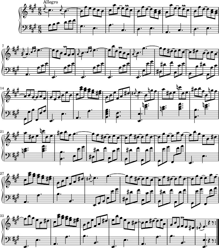 
\version "2.18.2"
\header {
  tagline = ##f
  % composer = "Domenico Scarlatti"
  % opus = "K. 269"
  % meter = "Allegro"
}

%% les petites notes
appoA       = { \tag #'print { \appoggiatura < gis b >8 a4. } \tag #'midi { < gis b >4   \tempo 4. = 35 a8   \tempo 4. = 82 } }
appoE       = { \tag #'print { \appoggiatura dis8 e4. } \tag #'midi { dis4  \tempo 4. = 35 e8   \tempo 4. = 82 } }
appoEsa     = { \tag #'print { \appoggiatura dis8 e4. } \tag #'midi { dis4  \tempo 4. = 60 e8   \tempo 4. = 82 } }
trillDq     = { \tag #'print { d8\prall } \tag #'midi { e32 d e d } }
trillAq     = { \tag #'print { a8\prall } \tag #'midi { b32 a b a } }
trillCisq   = { \tag #'print { cis8\prall } \tag #'midi { d32 cis d cis } }
trillFisq   = { \tag #'print { fis8\prall } \tag #'midi { gis32 fis gis fis } }
appoB       = { \tag #'print { \appoggiatura a8 b4. } \tag #'midi { a4  \tempo 4. = 35 b8   \tempo 4. = 82 } }


upper = \relative c'' {
  \clef treble 
  \key a \major
  \time 6/8
  \tempo 4. = 82
  \set Staff.midiInstrument = #"harpsichord"
  \override TupletBracket.bracket-visibility = ##f

  \repeat volta 2 {
      s8*0^\markup{Allegro}
      \appoggiatura d8 cis4. \appoggiatura cis8 b4.~ | b8 fis' e d cis b | cis a' e~ e \trillDq cis8 | b fis' d~ d < a cis >8 < gis b > |
      % ms. 5
      a8 a' e~ e \trillDq cis8 | b fis' d~ d < a cis >8 < gis b > | \appoA \grace {   \tempo 4. = 56 cis16 d } \tempo 4. = 82 e4.~ | e8 d b \trillAq gis a \appoB \grace {   \tempo 4. = 56 cis16 d } \tempo 4. = 82 e4.~
      % ms. 10
      e8 b' d, \trillCisq b8 a | \appoB gis'4.~ | gis8 fis dis~ dis e cis~ | cis dis b~ b cis a~ | a b gis~ gis a fis |
      % ms. 15
      gis8 e gis b e b | cis < a' cis >8 < gis b > < fis a > < e gis > < dis fis > | gis,8 b e fis, a dis | \appoE \repeat unfold 2 { b8 g' fis | a dis, e c' dis, e |
      % ms. 20
      ais8 b fis } gis4.~ | gis8 fis dis~ dis e cis~ | cis fis dis~ dis fis dis~ |
      % ms. 25
      dis8 gis e~ e a fis~ | fis b gis e b dis | cis < a' cis >8 < gis b > < fis a > < e gis > < dis fis > | gis,8 b e fis, a dis | \appoEsa gis4.~ |
      % ms. 30
      gis8 fis dis~ dis e cis~ | cis fis dis~ dis fis dis~ | dis gis e~ e a fis~ | fis b gis e b dis | cis < a' cis >8 < gis b > < fis a > < e gis > < dis fis > |
      % ms. 35
       gis,8 b e fis, a dis | e b' gis e b bis~ | bis cis dis~ dis e a, | gis b e, \trillFisq e8 dis | \appoE r4 r8 }%reprise

}

lower = \relative c' {
  \clef bass
  \key a \major
  \time 6/8
  \set Staff.midiInstrument = #"harpsichord"
  \override TupletBracket.bracket-visibility = ##f

  \repeat volta 2 {
    % ************************************** \appoggiatura a16  \repeat unfold 2 {  } \times 2/3 { }   \omit TupletNumber 
           \grace s8 a8 b cis d e fis | gis,4. e | a cis, | d e |
      % ms. 5
      a,4. cis | d e | a, a'8 cis e | \repeat unfold 3 { e,,4. a'8 cis e } | 
      % ms. 11
      e,,4. e'8 e' gis | dis, dis' fis cis, cis' e | b, b' dis a, a' cis | gis, gis' b fis, fis' a |
      % ms. 15
      e,4. e' | a, a' | < b, e gis b >4. < b fis' > | < e, e' >4. \repeat unfold 2 { < e'' g > | < c e > < c e a > |
      % ms. 20 et 22 suite…
      < b, b' >4. } e8 e' gis | dis, dis' fis cis, cis' e | b, dis' fis a,, dis' fis |
      % ms. 25
      gis,,8 e'' gis fis,, fis'' a | e,,4. e' | a, a' | b b, | e,8 gis b e e' gis |
      % ms. 30
      dis,8 dis' fis cis, cis' e | b, dis' fis a,, dis' fis | gis,, e'' gis fis,, fis'' a | \repeat unfold 2 { e,,4. e' | a, a' |
      % ms. 35
      b4. b, } | < e, e' >4. r4 r8 }%reprise

}

thePianoStaff = \new PianoStaff <<
    \set PianoStaff.instrumentName = #"Clav."
    \new Staff = "upper" \upper
    \new Staff = "lower" \lower
  >>

\score {
  \keepWithTag #'print \thePianoStaff
  \layout {
      #(layout-set-staff-size 17)
    \context {
      \Score
     \override SpacingSpanner.common-shortest-duration = #(ly:make-moment 1/2)
      \remove "Metronome_mark_engraver"
    }
  }
}

\score {
  \unfoldRepeats
  \keepWithTag #'midi \thePianoStaff
  \midi { }
}
