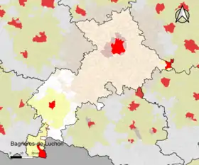 Localisation de l'aire d'attraction de Bagnères-de-Luchon dans le département de la Haute-Garonne.