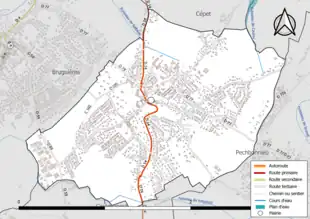 Carte en couleur présentant le réseau hydrographique de la commune