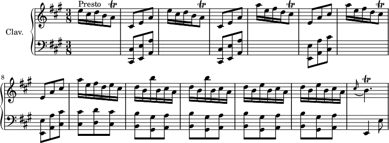 
\version "2.18.2"
\header { 
  tagline = ##f
  % composer = "Domenico Scarlatti"
  % opus = "K. 26"
  % meter = "Presto"
}

%% les petites notes
trillAq     = { \tag #'print { a8\trill } \tag #'midi { b32 a b a } }
trillCisq   = { \tag #'print { cis8\trill } \tag #'midi { d32 cis d cis } }
trillBp     = { \tag #'print { b4.\trill } \tag #'midi { cis32 b cis b~ b4 } }


upper = \relative c'' {
  \clef treble 
  \key a \major
  \time 3/8
  \tempo 4. = 72
  \set Staff.midiInstrument = #"harpsichord"
  \override TupletBracket.bracket-visibility = ##f

      s8*0^\markup{Presto}
      \repeat unfold 2 { e16 cis d b \trillAq | cis,8 e a } | \repeat unfold 2 { a'16 e fis d \trillCisq | e,8 a cis }
      % ms. 9
      a'16 e fis d e cis | \repeat unfold 2 { d b b' b, cis a } | \repeat unfold 2 { d b e b cis a } | \appoggiatura cis16 \trillBp
      % ms. 15
      
      % ms. 16
      
      % ms. 21
      

}

lower = \relative c' {
  \clef bass
  \key a \major
  \time 3/8
  \set Staff.midiInstrument = #"harpsichord"
  \override TupletBracket.bracket-visibility = ##f

    % ************************************** \appoggiatura a8  \repeat unfold 2 {  } \times 2/3 { }   \omit TupletNumber 
      \repeat unfold 2 { s4. | < cis,, cis' >8 < e e' > < a a' > } | \repeat unfold 2 { s4. | < e e' >8 < a a' > < cis cis' > }
      % ms. 9
      < cis cis' >8 < d d' > < cis cis' > | \repeat unfold 4 { < b b' >8 < gis gis' > < a a' > } | e4 e'8 |
      % ms. 15
      
      % ms. 16
      
      % ms. 21
      

}

thePianoStaff = \new PianoStaff <<
    \set PianoStaff.instrumentName = #"Clav."
    \new Staff = "upper" \upper
    \new Staff = "lower" \lower
  >>

\score {
  \keepWithTag #'print \thePianoStaff
  \layout {
      #(layout-set-staff-size 17)
    \context {
      \Score
     \override SpacingSpanner.common-shortest-duration = #(ly:make-moment 1/2)
      \remove "Metronome_mark_engraver"
    }
  }
}

\score {
  \keepWithTag #'midi \thePianoStaff
  \midi { }
}
