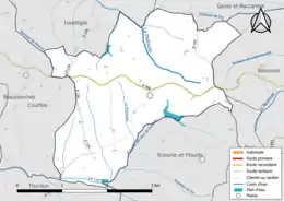 Carte en couleur présentant le réseau hydrographique de la commune