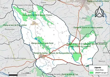 Carte des ZNIEFF de type 1 sur la commune.