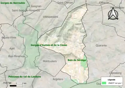 Carte des ZNIEFF de type 1 sur la commune.