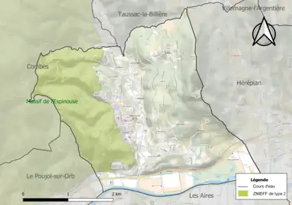 Carte de la ZNIEFF de type 2 sur la commune.