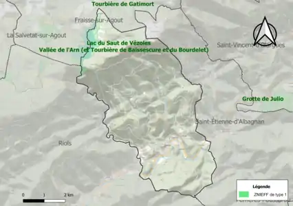 Carte de la ZNIEFF de type 1 sur la commune.