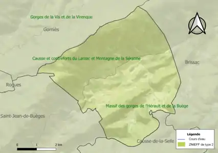 Carte des ZNIEFF de type 2 sur la commune.