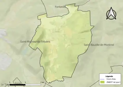 Carte de la ZNIEFF de type 2 sur la commune.