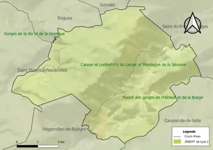 Carte des ZNIEFF de type 2 sur la commune.