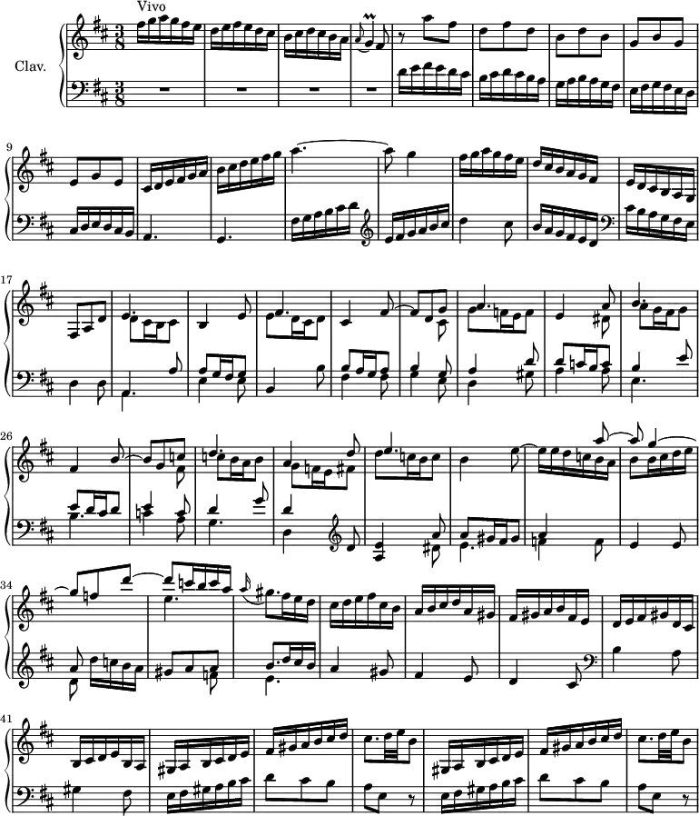
\version "2.18.2"
\header {
  tagline = ##f
  % composer = "Domenico Scarlatti"
  % opus = "K. 224"
  % meter = "Vivo"
}

%% les petites notes
trillG       = { \tag #'print { g4\prall } \tag #'midi { a32 g a g~ g8 } }

upper = \relative c'' {
  \clef treble 
  \key d \major
  \time 3/8
  \tempo 4. = 72
  \set Staff.midiInstrument = #"harpsichord"
  \override TupletBracket.bracket-visibility = ##f

      s8*0^\markup{Vivo}
      fis16 g a g fis e | d e fis e d cis | b cis d cis b a | \appoggiatura a8 \trillG   \tempo 4. = 56 fis8   \tempo 4. = 72 | r8 a'8 fis | d fis d |
      % ms. 7
      b d b | g b g | e g e | cis16 d e fis g a  | b cis d e fis g | a4.~ |
      % ms. 13
      a8 g4 | fis16 g a g fis e | d cis b a g fis | e d cis b a g | fis8 a d | << { e4. } \\ { d8 cis16 b cis8 } >>
      % ms. 19
      b4 e8 | << { fis4. } \\ { e8 d16 cis d8 } >> | cis4 << { fis8~ | fis d g | a4. | e4 a8 | b4. } \\ { s8 | s4 cis,8 | g' f!16 e f8 | s4 dis8 | a'8 g16 fis g8 } >> 
      % ms. 26
      fis4 << { b8~ | b g c! | d4. | a4 d8 | e4. } \\ { s8 | s4 fis,8 | c'8 b16 a b8 | g f!16 e fis8 | d'8 c!16 b c8 } >> |

      % ms. 31
      b4 << { s8 | s4 a'8~ | a g4~ | g8 f d'~ | d c!16 b c a } \\ { e8^~ | e16 e d c b a | b8 b16 cis d e | s4. | e4. } >> | 
      \appoggiatura a16 gis8. fis16 e d | cis d e fis cis b | a b cis d a gis |
      % ms. 39
      fis16 gis a b fis e | d e fis gis d cis | b cis d e b a | \repeat unfold 2 { gis a b cis d e | fis gis a b cis d | cis8. d32 e b8 }

}

lower = \relative c' {
  \clef bass
  \key d \major
  \time 3/8
  \set Staff.midiInstrument = #"harpsichord"
  \override TupletBracket.bracket-visibility = ##f

    % ************************************** \appoggiatura a16  \repeat unfold 2 {  } \times 2/3 { }   \omit TupletNumber 
      R4.*4 | d16 e fis e d cis | b cis d cis b a | 
      % ms. 7
      g16 a b a g fis | e fis g fis e d | cis d e d cis b | a4. | g | fis'16 g a b cis d   \clef treble  |
      % ms. 13
      e16 fis g a b cis | d4 cis8 | b16 a g fis e d   \clef bass | cis b a g fis e | d4 d8 |
      % ms. 18
      << { a4 a'8 | a g16 fis g8 } \\ { \mergeDifferentlyDottedOn a,4. | e'4 e8 } >> | b4 b'8 |
      << { b8 a16 g a8  | b4 g8 | a4 d8 | d c!16 b c8 | b4 e8 } \\ { fis,4 fis8 | g4 e8 | d4 gis8 | a4 a8 | e4. } >>
      % ms. 26
      << { e'8 d16 cis d8 | e4 c8 | d4 g8 | d4 } \\ { b4. | c!4 a8 | g4. | d4 } >>  \clef treble   d'8 | 
      < a e' >4 << { a'8 | a gis16 fis gis8 | a4 } \\ { dis,8 | e4. | f4 f8 } >>
      % ms. 33
      e4 e8 | << { a8 } \\ { d,8 } >> d'16 c b a | << { gis8 a a | b8. d16 cis b } \\ { s4 f8 | e4. } >> | a4 gis8 | fis4 e8 |
      % ms. 39
      d4 cis8  \clef bass  | b4 a8 | gis4 fis8 |
      \repeat unfold 2 { e16 fis gis a b cis | d8 cis b | a e r8 }

}

thePianoStaff = \new PianoStaff <<
    \set PianoStaff.instrumentName = #"Clav."
    \new Staff = "upper" \upper
    \new Staff = "lower" \lower
  >>

\score {
  \keepWithTag #'print \thePianoStaff
  \layout {
      #(layout-set-staff-size 17)
    \context {
      \Score
     \override SpacingSpanner.common-shortest-duration = #(ly:make-moment 1/2)
      \remove "Metronome_mark_engraver"
    }
  }
}

\score {
  \keepWithTag #'midi \thePianoStaff
  \midi { }
}

