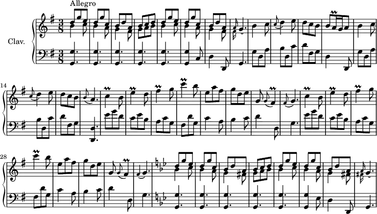 \version "2.18.2"
\header {
tagline = ##f
}
% petites notes
prallAsz = { \tag #'print { a16\prall } \tag #'midi { \times 2/3 { a32 b a } } }
prallC = { \tag #'print { c4\prall } \tag #'midi { d32 c d c~ c8 } }
prallE = { \tag #'print { e4\prall } \tag #'midi { fis32 e fis e~ e8 } }
prallFis = { \tag #'print { fis4\prall } \tag #'midi { g32 fis g fis~ fis8 } }
upper = \relative c'' {
\clef treble
\key g \major
\time 3/8
\tempo 4. = 82
\set Staff.midiInstrument = #"harpsichord"
<< { d8^\markup{Allegro} g e | d g c, | b d a | b c \tempo 4. = 70 d | \tempo 4. = 82 d g e | d g c, | b d a } \\ { b4 c8 | b4 a8 | g4 fis8 | g a b | b4 c8 | b4 a8 | g4 fis8 } >>
% ms. 8
\acciaccatura { << { a16( } \\ { fis16( } >> } g4.) | b4 c8 | \appoggiatura c8 d4 e8 | d c b | b8 \prallAsz g16 a8 | b4 c8 | \appoggiatura c8 d4 e8 | d c b | \appoggiatura b8 a4. | \prallC b8 | \prallE d8 | \prallFis g8 | \prallC b8 | e,8 a fis | g d e |
% ms. 23
g,8 \appoggiatura g8 \prallFis | \appoggiatura fis8 g4. | \prallC b8 | \prallE d8 | \prallFis g8 | \prallC b8 | e,8 a fis | g d e |
% ms. 31
g,8 \appoggiatura g8 fis4\prall | \appoggiatura fis4 g4. | \key g \minor << { d'8 g ees | d g c, | bes d a | bes c \tempo 4. = 70 d | \tempo 4. = 82 d g ees | d g c, | bes d a } \\ { bes4 c8 | bes4 a8 | g4 fis8 | g a bes | bes4 c8 | bes4 a8 | g4 fis8 } >>
% ms. 40
\acciaccatura { << { a16( } \\ { fis16( } >> } g4.) |
}
lower = \relative c' {
\clef bass
\key g \major
\time 3/8
\set Staff.midiInstrument = #"harpsichord"
% **************************************
\repeat unfold 5 { < g, g' >4. } < g g' >4 c8 | d4 d,8 | g4. | g'8 d a' | b d, c' | d fis, g | d4 d,8 | g'8 d a' | b d, c' |
% ms. 15
d8 fis, g | < d, d' >4. | \repeat unfold 2 { e''8 g d | c e b | a c g | fis d' g, | c4 a8 | b4 c8 |
% ms. 23
d4 d,8 | g4. } | \key g \minor \repeat unfold 5 { < g, g' >4. } < g g' >4 ees'8 | d4 d,8 | g4.
}
thePianoStaff = \new PianoStaff <<
\set PianoStaff.instrumentName = #"Clav."
\new Staff = "upper" \upper
\new Staff = "lower" \lower
>>
\score {
\keepWithTag #'print \thePianoStaff
\layout {
#(layout-set-staff-size 17)
\context {
\Score
\override SpacingSpanner.common-shortest-duration = #(ly:make-moment 1/2)
\remove "Metronome_mark_engraver"
}
}
}
\score {
\keepWithTag #'midi \thePianoStaff
\midi { }
}