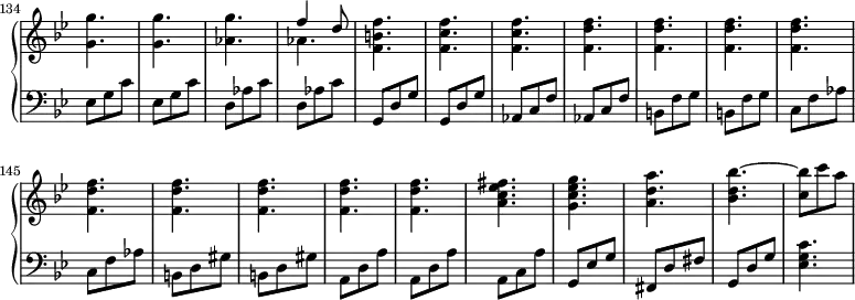 \version "2.18.2"
\header {
tagline = ##f
}
%% les petites notes
trillBesq = { \tag #'print { bes8\prall } \tag #'midi { c32 bes c bes } }
upper = \relative c'' {
\clef treble
\key g \minor
\time 3/8
\tempo 4. = 66
\set Staff.midiInstrument = #"harpsichord"
\set Score.currentBarNumber = #134
\omit Staff.TimeSignature
\bar ""
< g g' >4. q < aes g' > << { f'4 d8 } \\ { aes4. } >> < f b f' >4. < f c' f > q < f d' f > |
% ms. 143
q q q q q q q q < a c ees fis >4. < g c ees g > |
% ms. 152
< a d a' >4. < bes d bes' >~ < c bes' >8 c' a
}
lower = \relative c {
\clef bass
\key g \minor
\time 3/8
\set Staff.midiInstrument = #"harpsichord"
\omit Staff.TimeSignature
% **************************************
\repeat unfold 2 { ees8 g c } | \repeat unfold 2 { d,8 aes' c } | \repeat unfold 2 { g,8 d' g } | \repeat unfold 2 { aes,8 c f } | \repeat unfold 2 { b,8 f' g }
% ms. 144
\repeat unfold 2 { c, f aes } | \repeat unfold 2 { b,8 d gis } | \repeat unfold 2 { a, d a' } | a,8 c a' | g,8 ees' g |
% ms. 152
fis,8 d' fis | g, d' g | < ees g c >4.
}
thePianoStaff = \new PianoStaff <<
\set PianoStaff.instrumentName = #""
\new Staff = "upper" \upper
\new Staff = "lower" \lower
>>
\score {
\keepWithTag #'print \thePianoStaff
\layout {
indent = #0
#(layout-set-staff-size 17)
\context {
\Score
\override SpacingSpanner.common-shortest-duration = #(ly:make-moment 1/2)
\remove "Metronome_mark_engraver"
}
}
}
\score {
\keepWithTag #'midi \thePianoStaff
\midi { }
}