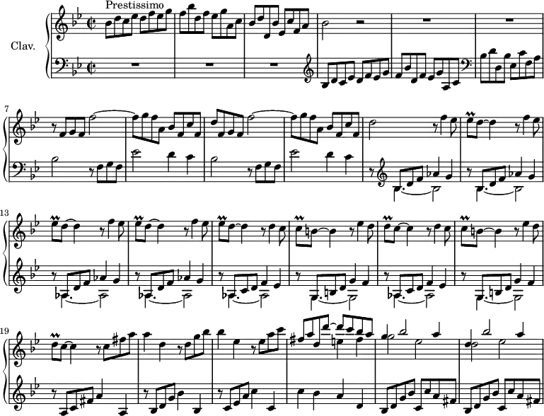 
\version "2.18.2"
\header {
  tagline = ##f
}

%% les petites notes
trillEes = { \tag #'print { ees8\prall } \tag #'midi {   \tempo 2 = 75 f32 ees f ees   \tempo 2 = 95 } }
trillC = { \tag #'print { c8\prall } \tag #'midi { \tempo 2 = 75 d32 c d c \tempo 2 = 95 } }
trillD = { \tag #'print { d8\prall } \tag #'midi { \tempo 2 = 75 ees32 d ees d \tempo 2 = 95 } }

upper = \relative c'' {
  \clef treble 
  \key bes \major
  \time 2/2
  \tempo 2 = 95
  \set Staff.midiInstrument = #"harpsichord"

    s8*0^\markup{Prestissimo}
    bes8 d c ees d f ees g | f bes d, f ees g a, c | bes d d, bes' ees, c' f, a | bes2 r2 | R1*2 | 
    % ms. 7
    r8 f8 g f f'2~ | f8 g f a, bes f c' f, | d' f,8 g f f'2~ | f8 g f a, bes f c' f, | d'2 \repeat unfold 4 { r8 f4 ees8 | \trillEes d8~ d4 } \repeat unfold 2 { r8 d4 c8 | \trillC b8~ b4 r8 ees4 d8 | \trillD c8~ c4 }
    % ms. 19 b
    r8 c8 fis a | a4 d, r8 d8 g bes | bes4 ees, r8 ees8 a c | << { fis,8 a d, d'~ d c bes a | g4 bes2 a4 | d,4 bes'2 a4 } \\ { s2 e4 fis | g2 ees d ees } >>
    % ms. 25
    
}

lower = \relative c' {
  \clef bass
  \key bes \major
  \time 2/2
  \set Staff.midiInstrument = #"harpsichord"

    % **************************************
    R1*3  \clef treble bes8 d c ees d f ees g | f bes d, f ees g a, c |  \clef bass bes d d, bes' ees, c' f, a | bes2  r8 f8 g f | ees'2 d4 c | bes2 r8 f8 g f | ees'2 d4 c | 
    % ms. 9
    \mergeDifferentlyDottedOn
    \repeat unfold 2 { r8 \clef treble << { bes8 d f aes4 g } \\ { \relative c' { bes4.~ bes2 } } >> } | \repeat unfold 2 { r8 << { aes,8 d f aes4 g } \\ { \relative c' { aes4.~ aes2 } } >> } | \repeat unfold 2 { r8 << { aes,8 c d f4 ees } \\ { \relative c' { aes4.~ aes2 } } >> | r8 << { g,8 b d g4 f } \\ { g,4.~ g2 } >> }
    % ms. 19
    r8 a8 c fis a4 a, | r8 bes8 d g bes4 bes, | r8 c8 ees a c4 c, | c' bes a d, | \repeat unfold 2 { bes8 d g bes c, c' a fis } | 

}

thePianoStaff = \new PianoStaff <<
    \set PianoStaff.instrumentName = #"Clav."
    \new Staff = "upper" \upper
    \new Staff = "lower" \lower
  >>

\score {
  \keepWithTag #'print \thePianoStaff
  \layout {
      #(layout-set-staff-size 17)
    \context {
      \Score
     \override SpacingSpanner.common-shortest-duration = #(ly:make-moment 1/2)
      \remove "Metronome_mark_engraver"
    }
  }
}

\score {
  \keepWithTag #'midi \thePianoStaff
  \midi { }
}
