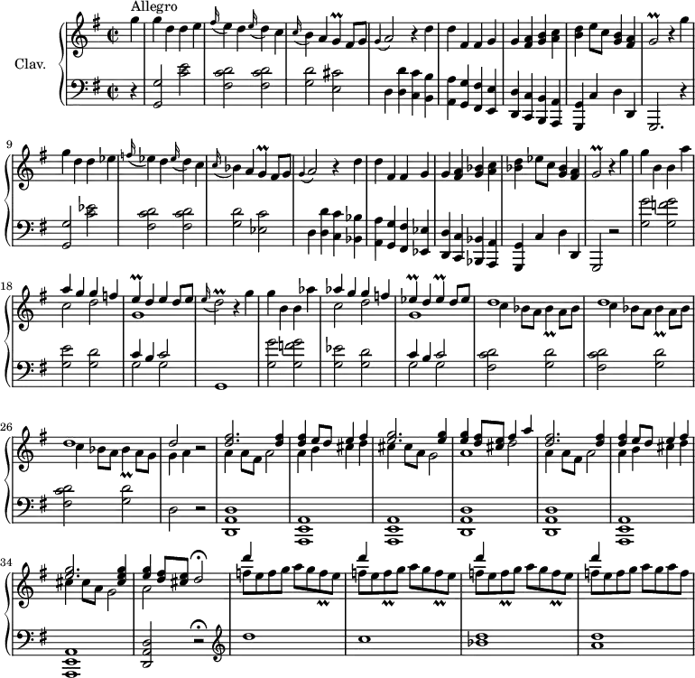 \version "2.18.2"
\header {
tagline = ##f
% composer = "Domenico Scarlatti"
% opus = "K. 470"
% meter = "Allegro"
}
%% les petites notes
trillG = { \tag #'print { g4\prall } \tag #'midi { a32 g a g~ g8 } }
trillGb = { \tag #'print { g2\prall } \tag #'midi { a32 g a g~ g4. } }
trillE = { \tag #'print { e4\prall } \tag #'midi { f32 e f e~ e8 } }
trillEes = { \tag #'print { ees4\prall } \tag #'midi { f32 ees f ees~ ees8 } }
trillDb = { \tag #'print { d2\prall } \tag #'midi { e32 d e d~ d4. } }
trillBes = { \tag #'print { bes4\prall } \tag #'midi { c32 bes c bes~ bes8 } }
trillFq = { \tag #'print { f8\prall } \tag #'midi { g32 f g f } }
upper = \relative c'' {
\clef treble
\key g \major
\time 2/2
\tempo 2 = 92
\set Staff.midiInstrument = #"harpsichord"
s8*0^\markup{Allegro}
\partial 4
g'4 | g d d e | \appoggiatura fis16 e4 d \appoggiatura e16 d4 c | \appoggiatura c16 b4 a \trillG fis8 g | \appoggiatura g4 a2 r4 d4 | d fis, fis g |
% ms. 6
g4 < fis a > < g b > < a c > | < b d > e8 c < g b >4 < fis a > | \trillGb r4
g'4 | g d d ees | \appoggiatura f16 ees4 d \appoggiatura ees16 d4 c | \appoggiatura c16 bes4 a \trillG fis8 g |
% ms. 12
\appoggiatura g4 a2 r4 d4 | d fis, fis g | g4 < fis a > < g bes > < a c > | < bes d > ees8 c < g bes >4 < fis a > | \trillGb r4 g'4 | g b, b a' |
% ms. 18
<< { a4 g g f | \trillE d e d8 e } \\ { c2 d | g,1 } >> \appoggiatura e'16 \trillDb r4 g4 | g b, b aes' |
<< { aes4 g g f | \trillEes d \trillEes d8 ees } \\ { c2 d | g,1 } >>
% ms. 24
\repeat unfold 2 { << { d'1 } \\ { c4 bes8 a \trillBes a8 bes } >> } | << { d1 | d2 } \\ { c4 bes8 a \trillBes a8 g | g4 a } >> r2
% ms. 28
<< { < d fis >2. q4 | q e8 d e4 fis | < e g >2. q4 | q < d fis >8 < cis e > fis4 a } \\ { s1*3 s2 d,2 }
\\ { \stemDown a4 a8 fis a2 | a4 b cis d | cis cis8 a g2 | a1 } >>
% ms. 32
<< { < d fis >2. q4 | q e8 d e4 fis | < e g >2. < cis e g >4 | < e g >4 < d fis >8 < cis e > d2\fermata }
\\ { a4 a8 fis a2 | a4 b cis d | cis cis8 a g2 | a2 } >>
% ms. 36
<< { \repeat unfold 4 { d'4 s2. } }
\\ { f,8 e f g a g \trillFq e | \repeat unfold 2 { f8 e \trillFq g8 a g \trillFq e } | f8 e f g a g a f } >>
% ms. 39
}
lower = \relative c' {
\clef bass
\key g \major
\time 2/2
\set Staff.midiInstrument = #"harpsichord"
% ************************************** \appoggiatura a16 e4 \repeat unfold 2 { } \times 2/3 { } \omit TupletNumber
r4 | < g, g' >2 < c' e > | < fis, c' d > q | < g d' > < e cis' > | d4 < d d' > < c c' > < b b' > | < a a' > < g g' > < fis fis' > < e e' > |
% ms. 6
< d d' >4 < c c' > < b b' > < a a' > | < g g' > c' d d, | g,2. r4 | < g' g' >2 < c' ees > | < fis, c' d > q | < g d' > < ees c' >
% ms. 12
d4 < d d' > < c c' > < bes bes' > | < a a' > < g g' > < fis fis' > < ees ees' > | < d d' >4 < c c' > < bes bes' > < a a' > | < g g' > | c' d d, | g,2 r2 | < g'' g' >2 < g f' g >
% ms. 18
< g e' >2 < g d' > | << { c4 b c2 } \\ { g2 g } >> | g,1 | < g' g' >2 < g f' g > | < g ees' >2 < g d' > | << { c4 b c2 } \\ { g2 g } >> |
% ms. 24
\repeat unfold 3 { < fis c' d >2 < g d' > } | d2 r2 |
% ms. 28
< d, a' d >1 | < a e' a > q | < d a' d > q < a e' a > q < d a' d >2 r2\fermata
% ms. 36
\clef treble d'''1 c < bes d > | < a d >
}
thePianoStaff = \new PianoStaff <<
\set PianoStaff.instrumentName = #"Clav."
\new Staff = "upper" \upper
\new Staff = "lower" \lower
>>
\score {
\keepWithTag #'print \thePianoStaff
\layout {
#(layout-set-staff-size 17)
\context {
\Score
\override TupletBracket.bracket-visibility = ##f
\override SpacingSpanner.common-shortest-duration = #(ly:make-moment 1/2)
\remove "Metronome_mark_engraver"
}
}
}
\score {
\keepWithTag #'midi \thePianoStaff
\midi { }
}