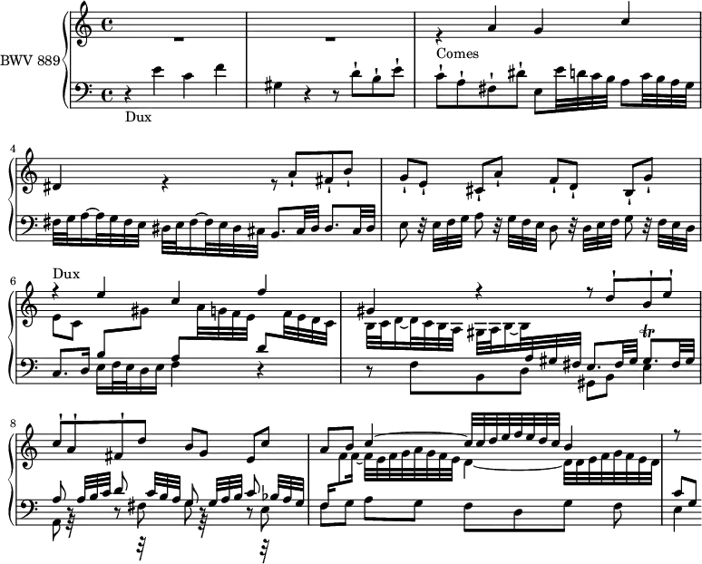 
\version "2.18.2"
\header {
  tagline = ##f
}

Dux   = { r4-\markup{Dux} e4 c f gis, r4 r8 d'8-! b-! e-! c-! a-! fis-! }
Comes = { r4-\markup{Comes} a4 g c dis, r4 r8 a'8-! fis-! b-! g-![ e-!] cis-![ a'-!] }

upper = \relative c'' {
  \clef treble 
  \key a \minor
  \time 4/4
  \tempo 4 = 66
  \set Staff.midiInstrument = #"harpsichord" 

   %% FUGUE CBT II-2, BWV 871, ut mineur
   << { s1*5 \stemUp \Dux d'8 b[ g] e c' a b c4~ c32 c d e f e d c b4 | r8 } \\ { R1*2 \stemUp \Comes f8-! d-! b-![ g'-!] \stemDown e[ c]  \stemUp \change Staff = "lower"  b  \stemDown \change Staff = "upper" gis' \stemUp \change Staff = "lower"  a,  \stemDown \change Staff = "upper"  a'32 g f e   \stemUp \change Staff = "lower"   d8  \stemDown \change Staff = "upper"  f32 e d c   b c d16~ d32 c b a gis a b16~ b32  \stemUp \change Staff = "lower"  a gis fis e8. fis32 gis gis8.^\trill fis32 gis a8 r32 a32 b c d8 r32 c b a g8 r32 g a b c8 r32 bes a g f16 \stemDown \change Staff = "upper" f'8 f16~ f32 e f g a g f e d4~ d32  d e f g f e d \stemUp \change Staff = "lower" c8[ g] } >>
   
}

lower = \relative c' {
  \clef bass 
  \key a \minor
  \time 4/4
  \set Staff.midiInstrument = #"harpsichord" 

   \Dux dis'8-! e, e'32 d c b a8 c32 b a g | fis g a16~ a32 g fis e dis e fis16~ fis32 e dis cis b8. cis32 dis dis8. cis32 dis | 
   e8 r32 e32 f g a8 r32 g f e d8 r32 d e f g8 r32 f e d c8. d16 e f32 e d16 e f4 r4
   r8 f8 b, d \stemDown gis, b e4 a,8 r8 r8 fis' g8 r8 r8 e | f g a[ g] f[ d g] f e4
} 

\score {
  \new PianoStaff <<
    \set PianoStaff.instrumentName = #"BWV 889"
    \new Staff = "upper" \upper
    \new Staff = "lower" \lower
  >>
  \layout {
    \context {
      \Score
      \remove "Metronome_mark_engraver"
      \override SpacingSpanner.common-shortest-duration = #(ly:make-moment 1/2) 
    }
  }
  \midi { }
}
