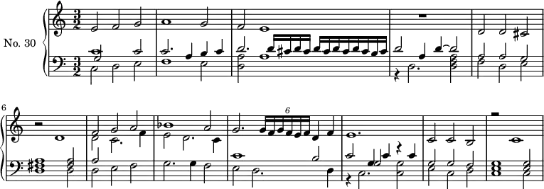 
\version "2.14.2"
\header {
  tagline = ##f
}
upper = \relative c' {
  \clef treble 
  \key c \major
  \time 3/2
  \tempo 2 = 72
  \set Staff.midiInstrument = #"harpsichord"

  e2 f g a1 g2 f e1 s2 r1
  d2 d cis r2 d1 
  << { f2 g a bes1 a2 g2.   \tempo 2 = 65 \times 4/6 { g16 f g f e f } \tempo 2 = 72 d4 f e1. c2 c b r2 c1 } \\ { d2 c2. f4 e2 d2. c4 } >>
}

lower = \relative c {
  \clef bass
  \key c \major
  \time 3/2
  \set Staff.midiInstrument = #"harpsichord"

   << { c'1 c2 c2. a4 b c d2. \repeat unfold 2 { d16 cis d cis } d cis b cis d2 a4 d4~ d2  } \\ { c,2 d e f1 e2 < a d, >2 a1 r4 d,2. < a' f d >2 } \\ { g2 } >>
  << { a2 a g  < a fis >1 < a fis >2 a2  } \\ { f2 d e d1 d2 d e f } >>
  g2. g4 f2 
  << { c'1 b2 c g4 c r4 c4 g2 g f < g e >1 < g e >2 } \\ { e2 d2. d4 r4 c2. < g' c, >2 e c d c1 c2 } \\ { s2*4 g'2 }  >>

}

\score {
  \new PianoStaff <<
    \set PianoStaff.instrumentName = #"No. 30"
    \new Staff = "upper" \upper
    \new Staff = "lower" \lower
  >>
  \layout {
    \context {
      \Score
      \remove "Metronome_mark_engraver"
    }
  }
  \midi { }
}
