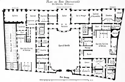 Plan d'origine de l'hôtel de Hanau. À droite, du côté de la rue, les cuisines.