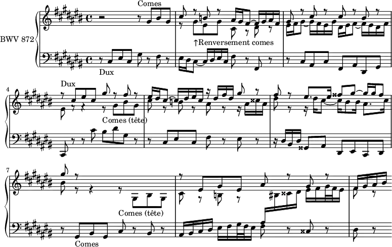 \version "2.18.2"
\header {
tagline = ##f
}
Dux = { r8-\markup{Dux} cis8 eis cis gis' r8 fis r8 | eis16 dis cis8~ cis16 dis eis cis }
DuxTête = { r8^\markup{Dux court} cis8 eis cis gis' r8 fis }
Comes = { b8\rest-\markup{Comes} gis8 bis gis cis r8 b r8 ais16 gis fis8~ fis16 gis ais fis }
ComesTête = { r8_\markup{Comes (tête)} gis8 bis gis cis r8 b r8 }
Semoc = { r8 gis8_\markup{↑Renversement comes} eis gis cis, r8 dis r8 | eis16 fis gis8~ gis16 fis eis gis }
Xud = { r8^\markup{Renversement dux} cis8 ais cis fis, r8 }
XudTête = { r8^\markup{Renversement dux (tête)} cis8 ais cis fis }
upper = \relative c'' {
\clef treble
\key cis \major
\time 4/4
\tempo 4 = 69
\set Staff.midiInstrument = #"harpsichord"
%% FUGUE CBT II-3, BWV 872, ut-dièse majeur
<< { b2\rest \Comes gis8 r8 cis r8 cis r8 bis r8 } \\ { s1 \Semoc dis16 eis fis8~ fis16 eis dis fis } >>
<< { \relative c'' \Dux r16 dis'16 fis dis gis8 r8 fis8 r8 eis8. eis16 fisis8 gis~ gis16 gis fisis8 gis r8 } \\ { eis,8 fisis8\rest fisis4\rest \ComesTête ais8 r8 r16 ais16 cisis ais dis8 r8 r16 dis16 cis8~ cis16 bis8 bis16 ais8. cis16 bis8 r8 r4 } >>
<< { s2 r8 \relative c' eis8 gis eis ais r8 gis r8 fis16 gis ais bis } \\ { \relative c' \ComesTête \stemUp \change Staff = "lower" ais,16 \stemDown \change Staff = "upper" bis16 cisis dis eis fis gis32 fis eis16 fis8 r8 } >>
}
lower = \relative c {
\clef bass
\key cis \major
\time 4/4
\set Staff.midiInstrument = #"harpsichord"
\Dux fis8 r8 fis, r8
r8 cis'8 ais cis fis, ais dis, gis cis, r8 r8 cis''8 bis dis gis, r8 r8 cis,8 eis cis fis r8 eis r8
r16 dis bis dis gisis,8 ais dis, eis cis dis
r8 gis8-\markup{Comes} bis gis cis r8 bis r8 | ais16 bis cis dis eis fis gis32 fis eis16 fis8 r8 cisis r8 | dis r8
}
\score {
\new PianoStaff <<
\set PianoStaff.instrumentName = #"BWV 872"
\new Staff = "upper" \upper
\new Staff = "lower" \lower
>>
\layout {
\context {
\Score
\remove "Metronome_mark_engraver"
}
}
\midi { }
}