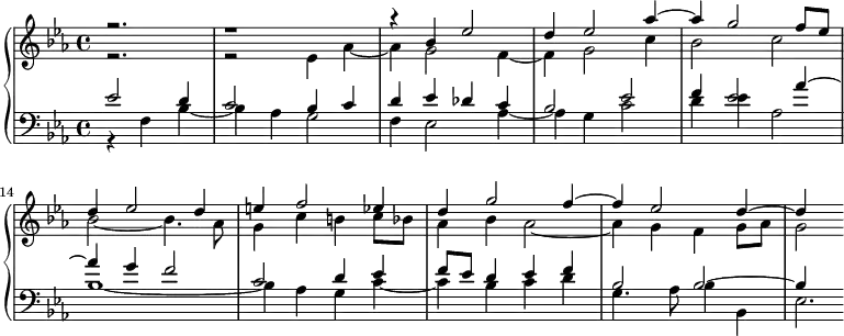 
\version "2.18.2"
\header {
  tagline = ##f
}

upper = \relative c'' {
    \clef treble 
    \key ees \major
    \time 4/4
    \tempo 4 = 60
    \set Score.currentBarNumber = #10
    %\context Score \applyContext #(set-bar-number-visibility 4)
    \bar ""
    \set Staff.midiInstrument = #"harpsichord" 

   %% PRÉLUDE CBT I-7, BWV 852, mi-bémol majeur
   << { r2. r1 r4 bes4 ees2 d4 ees2 aes4~ aes g2 f8 ees d4 ees2 | d4 e f2 ees4 d g2 f4~ f ees2 d4~ d } \\ { r2. r2 ees,4 aes~ aes g2 f4~ f g2 c4 bes2 c bes~ bes4. aes8 g4 c b c8 bes aes4 bes aes2~ | aes4 g f g8 aes g2*1/4 } >>
   
}

lower = \relative c' {
    \clef bass 
    \key ees \major
    \time 4/4
    \set Staff.midiInstrument = #"harpsichord" 

       \partial 2.
       << { ees2 d4 c2 bes4 c d ees des c bes2 ees f4 ees2 aes4~ aes g f2 c d4 ees f8 ees d4 ees f bes,2 bes~ | bes4  } \\ { r4 f4 bes~ bes aes g2 f4 ees2 aes4~ aes g c2 d4 ees4 aes,2 bes1~ bes4 aes g c~ c bes c d g,4. aes8 bes4 bes, | ees2.*1/6 } >>
} 

\score {
  \new PianoStaff <<
    \set PianoStaff.instrumentName = #""
    \new Staff = "upper" \upper
    \new Staff = "lower" \lower
  >>
  \layout {
    indent = #0
    \context {
      \Score
      \remove "Metronome_mark_engraver"
    }
  }
  \midi { }
}
