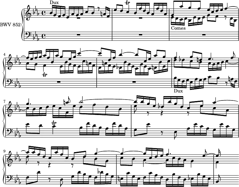 
\version "2.18.2"
\header {
  tagline = ##f
}

Trillcq   = { \tag #'print { c4\trill } \tag #'midi { d32 c  d c  d c~ c16 }  }
Trillfq   = { \tag #'print { f4\trill } \tag #'midi { g32 f  g f  g f~ f16 }  }

Dux   = { s4*0-\markup{Dux} bes16 g f g ees aes g aes c8 bes r8 a16 f ees'8 d \Trillcq bes16 f' d bes aes f' d aes }
Comes = { s4*0-\markup{Comes} ees16 d c d bes ees d ees g8 f r8 d16 bes aes'8 g \Trillfq ees16 bes' g f ees c' a f }

upper = \relative c'' {
  \clef treble 
  \key ees \major
  \time 4/4
  \tempo 4 = 86
  \set Staff.midiInstrument = #"harpsichord" 

   %% FUGUE CBT I-7, BWV 852, mi-bémol majeur

   << { \Dux g8 aes' g f ees16 c d ees f4~ f16 ees f g aes f bes, aes' g8 ees16 g c4~ c8 d,16 f bes4~ bes8 c,16 ees aes8 g f4 g8 d ees4. f8 g4. a8 bes2~ | bes16 bes g ees des bes' g des c8 ees aes4~ aes16 aes f d c aes' f c bes8 d g4~ g~ g16 c, d ees f4. ees8~ ees16 } \\ { R1*2 \relative c' { \Comes d16 a' f ees des bes' g ees c g' ees c d bes' ees, c' d8 des c bes aes16 g aes bes c4~ c16 bes c d ees c f, ees' d8 f d bes ees r8 r4 r8 ees8 c aes d r8 r4 r8 d8 bes g c bes aes4~ aes16 c bes aes g4 f } } >>

}

lower = \relative c' {
  \clef bass 
  \key ees \major
  \time 4/4
  \set Staff.midiInstrument = #"harpsichord" 
    
   R1*5 \Dux g8[ ees'] r8 ees,8 aes16 ees' c aes g ees' c g f8 d' r8 d, g16 d' bes g f des' bes g | e c' g e f c' aes f d bes' f d ees bes' g ees bes8
    
} 

 thePianoStaff = \new PianoStaff <<
    \set PianoStaff.instrumentName = #"BWV 852"
    \new Staff = "upper" \upper
    \new Staff = "lower" \lower
  >>

\score {
  \keepWithTag #'print \thePianoStaff
  \layout {
    \context {
      \Score
      \remove "Metronome_mark_engraver"
      %\override SpacingSpanner.common-shortest-duration = #(ly:make-moment 1/2) 
    }
  }
}

\score {
  \keepWithTag #'midi \thePianoStaff
  \midi { }
}
