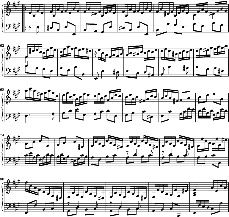 \version "2.18.2"
\header {
tagline = ##f
% composer = "Paradisi"
% opus = ""
% meter = "Allegro"
}
%% les petites notes
%trillBesp = { \tag #'print { bes4.\prall } \tag #'midi { c32 bes c bes~ bes4 } }
upper = \relative c'' {
\clef treble
\key a \major
\time 2/4
\tempo 4 = 122
\set Staff.midiInstrument = #"harpsichord"
\override TupletBracket.bracket-visibility = ##f
\set Score.currentBarNumber = #57
\omit Staff.TimeSignature
\bar "" \bar ".|:"
\partial 4 e,16 b gis' e | fis b, a' fis gis e b' gis | fis b dis, fis b, e gis e | fis b, a' fis gis e b' gis | fis b dis, fis << { b, e gis e } \\ { b4 } >>
% ms. 62
<< { cis16 fis a fis dis gis b gis | e dis' e cis } \\ { cis,4 dis | e } >> b'16 e gis e | cis fis a fis gis e fis dis | r16 e16 b gis e gis fis a |
% ms. 66
gis16 b ais cis b d cis e | d fis d ais b d cis e | d fis eis gis fis a gis b | a cis a eis fis a fis cis |
% ms. 70
d fis b, d gis, b e d | cis e a, cis fis, a d cis | b d gis, b eis, gis cis b | a cis a eis fis8 a |
% ms. 74
b8 d e gis, | a cis d fis, | gis b cis eis, | fis16 cis' a fis d' b gis eis |
% ms. 78
\repeat unfold 2 { fis16 cis' a fis d' b gis eis } | fis fis' d b a fis' gis, eis' | fis cis a fis d b gis eis |
% ms. 82
\repeat unfold 2 { fis16 cis' a fis d' b gis eis } | fis fis' d b a fis' gis, eis' | < a, cis fis >4 a'16 e cis' a |
}
lower = \relative c' {
\clef bass
\key a \major
\time 2/4
\omit Staff.TimeSignature
\set Staff.midiInstrument = #"harpsichord"
\override TupletBracket.bracket-visibility = ##f
% **************************************
r8 e,8 | dis b e e, | b' a gis e' | dis b e e, | b' a' << { gis4 } \\ { gis8 e } >>
% ms. 62
<< { a4 b | cis } \\ { a8 fis b gis | cis a } >> gis8 e | a fis b b, | e,8 e'4 dis8 |
% ms. 66
e8 cis d ais | b b'4 ais8 | b gis a eis | fis4. a8 |
% ms. 70
b8 d e gis, | a cis d fis, | gis b cis eis, | fis cis' a16 cis fis e |
% ms. 74
d16 fis b, d gis, b e d | cis e a, cis fis, a d cis | b d gis, b eis, gis cis b | a8 fis b cis |
% ms. 78
\repeat unfold 2 { << { r8 d4 cis8 } \\ { a8 d b cis } >> } | a8 b cis cis, | fis, fis' b, cis |
% ms. 82
\repeat unfold 2 { << { r8 d4 cis8 } \\ { a8 d b cis } >> } | a8 b cis cis, | fis16 fis' e d cis8 a' |
}
thePianoStaff = \new PianoStaff <<
\set PianoStaff.instrumentName = #""
\new Staff = "upper" \upper
\new Staff = "lower" \lower
>>
\score {
\keepWithTag #'print \thePianoStaff
\layout {
indent = #0
#(layout-set-staff-size 17)
\context {
\Score
\override SpacingSpanner.common-shortest-duration = #(ly:make-moment 1/2)
\remove "Metronome_mark_engraver"
}
}
}
\score {
\keepWithTag #'midi \thePianoStaff
\midi { }
}