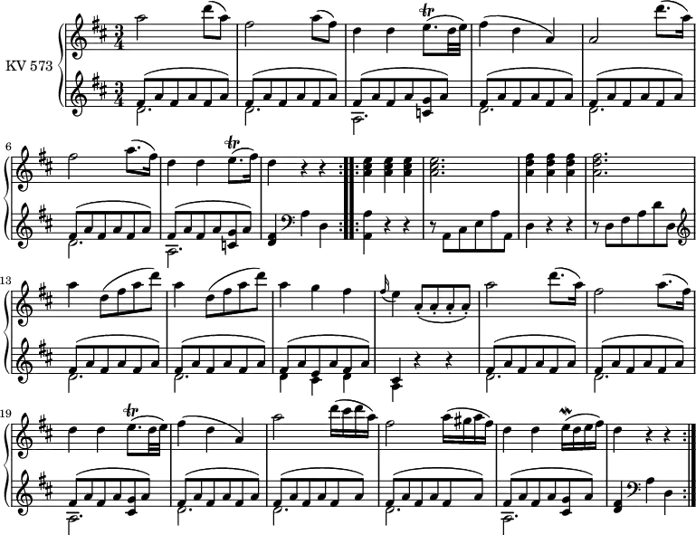 \version "2.18.2"
\header {
tagline = ##f
}
upper = \relative c'' {
\version "2.18.2"
\clef "treble"
\key d \major
\time 3/4
\tempo 4 = 120
\set Staff.midiInstrument = #"piano"
\repeat volta 2 {
a'2 d8 (a)
fis2 a8 (fis)
d4 d e8. \trill (d32 e)
fis4 (d a)
a2 d'8. (a16)
fis2 a8. (fis16)
d4 d e8. \trill (fis16)
d4 r r
}
\repeat volta 2 {
\repeat unfold 3 {<a cis e>4}
<a cis e>2.
\repeat unfold 3 {<a d fis>4}
<a d fis>2.
\repeat unfold 2 {a'4 d,8 (fis a d)}
a4 g fis
\grace fis16 (e4) a,8-. (a-. a-. a-.)
a'2 d8. (a16)
fis2 a8. (fis16)
d4 d e8. \trill (d32 e)
fis4 (d a)
a'2 d16 (cis d a)
fis2 a16 (gis a fis)
d4 d e16\mordent (d e fis)
d4 r r
}
}
lower = \relative c {
\clef "bass"
\key d \major
\time 3/4
\set Staff.midiInstrument = #"piano"
\set Staff.midiMinimumVolume = #0.2
\set Staff.midiMaximumVolume = #0.5
\repeat volta 2 { \clef "treble"
\repeat unfold 2 { <<{\stemDown d'2.} \\ {\stemUp fis8 ^(a fis a fis a)}>> }
<<{\stemDown a,2.} \\ {\stemUp fis'8 ^(a fis a <c, g'> a')}>>
\repeat unfold 3 { <<{\stemDown d,2.} \\ {\stemUp fis8 ^(a fis a fis a)}>> }
<<{\stemDown a,2.} \\ {\stemUp fis'8 ^ (a fis a <c, g'> a')}>>
<d, fis>4 \clef "bass" a d,
}
\repeat volta 2 {
<a a'>4 r r
r8 a cis e a a,
d4 r r
r8 d fis a d d,
\clef "treble"
\repeat unfold 2 { <<{\stemDown d'2.} \\ {\stemUp fis8 ^(a fis a fis a)}>> }
<<{\stemDown d,4 cis d a} \\ {\stemUp fis'8 ^(a e a fis a) cis,4 }>> r4 r
\repeat unfold 2 { <<{\stemDown d2.} \\ {\stemUp fis8 ^(a fis a fis a)}>> }
<<{\stemDown a,2.} \\ {\stemUp fis'8 ^(a fis a <cis, g'> a')}>>
\repeat unfold 3 { <<{\stemDown d,2.} \\ {\stemUp fis8 ^(a fis a fis a)}>> }
<<{\stemDown a,2.} \\ {\stemUp fis'8 ^ (a fis a <cis, g'> a')}>>
<d, fis>4 \clef "bass" a d,
}
}
\score {
\new PianoStaff <<
\set PianoStaff.instrumentName = #"KV 573"
\new Staff = "upper" \upper
\new Staff = "lower" \lower
>>
\layout {
\context {
\Score
\remove "Metronome_mark_engraver"
}
}
\midi { }
}