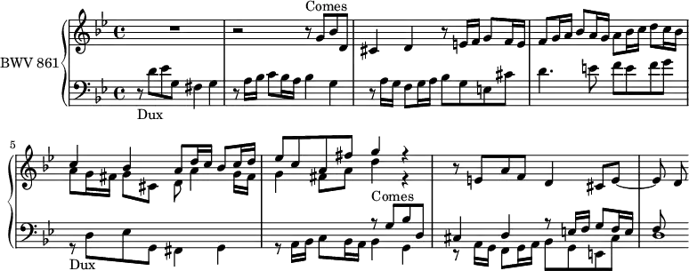 
\version "2.18.2"
\header {
  tagline = ##f
}

Dux         = { r8_\markup{Dux} d8 ees g, fis4 g r8 a16 bes c8 bes16 a bes4 }
ContreSujet = { r8   a16 g f8 g16 a   bes8   g e cis' }

Comes       = { r8^\markup{Comes} g8 bes d, cis4 d r8 e16 f g8 f16 e f8 }

upper = \relative c'' {
  \clef treble 
  \key g \minor
  \time 4/4
  \tempo 4 = 56
  \set Staff.midiInstrument = #"harpsichord" 

   %% FUGUE CBT I-16, BWV 861, sol mineur
   R1 r2 \Comes g16 a bes8 a16 g a8 bes16 c d8 c16 bes 
   << { c4 bes a8 d16 c bes8 c16 d ees8 c a fis' g4 r4 } \\ { a,8 g16 fis g8 cis, d a'4 g16 fis | g4 fis8 a d4 r4 } >>
   r8 e,8 a f d4 cis8 e~ | e d

}

lower = \relative c' {
  \clef bass 
  \key g \minor
  \time 4/4
  \set Staff.midiInstrument = #"harpsichord" 
    
   \Dux g4 \ContreSujet d4. e8 f e f g  
  << { s1 s2 \relative c' { \Comes } } \\ { \relative c { \Dux g4 } \relative c { \ContreSujet d1*1/4 } } >>
    
} 

\score {
  \new PianoStaff <<
    \set PianoStaff.instrumentName = #"BWV 861"
    \new Staff = "upper" \upper
    \new Staff = "lower" \lower
  >>
  \layout {
    \context {
      \Score
      \remove "Metronome_mark_engraver"
      \override SpacingSpanner.common-shortest-duration = #(ly:make-moment 1/2) 
    }
  }
  \midi { }
}
