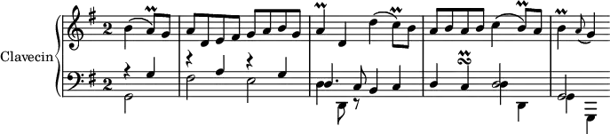 
\version "2.18.2"
\header {
  tagline = ##f
}

Tremba    = { \tag #'print { a8\prall\) } \tag #'midi { b32 a b a } } % \Tremba
Trembaq   = { \tag #'print { a4\prall\) } \tag #'midi { b32 a b a~ a8 } } % \Trembaq
Trembc    = { \tag #'print { c8\prall\) } \tag #'midi { d32 c d c } } % \Trembc
Trembb    = { \tag #'print { b8\prall\) } \tag #'midi { c32 b c b } } % \Trembb
Trembbq   = { \tag #'print { b4\prall\) } \tag #'midi { c32 b c b~ b8 } } % \Trembbq
Trembturn = { \tag #'print { c4\turn\prall } \tag #'midi { b32 c d b16 c32 b c } }

upper = \relative c'' {
  \clef treble  
  \key g \major
  \time 2/2
  \override Staff.TimeSignature.style = #'single-digit
  \tempo 2 = 72
  \set Staff.midiInstrument = #"harpsichord"

  \partial 2
  b4\( \Tremba  g8 a d, e fis g a b g | \Trembaq d,4 d'\( \Trembc b8 a b a b c4\( \Trembb  a8 \Trembbq \appoggiatura a8( g4)

}

lower = \relative c {
  \clef bass
  \key g \major
  \time 2/2
  \override Staff.TimeSignature.style = #'single-digit
  \set Staff.midiInstrument = #"harpsichord"
    
   << { r4 g'4 r4 a4 r4 g4 d4. c8 b4 c d \Trembturn d2 g,2 } \\ { g2 fis' e d4 d,8 r8 s1 d'4 d, g g, } >>
} 

thePianoStaff = \new PianoStaff <<
    \set PianoStaff.instrumentName = #"Clavecin"
    \new Staff = "upper" \upper
    \new Staff = "lower" \lower
  >>

\score {
  \keepWithTag #'print \thePianoStaff
  \layout {
    \context {
      \Score
      \remove "Metronome_mark_engraver"
    }
  }
}

\score {
  \keepWithTag #'midi \thePianoStaff
  \midi { }
}
