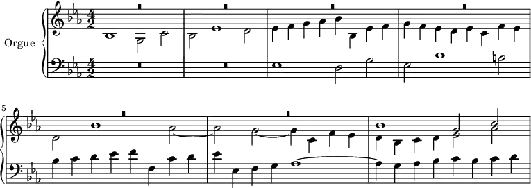 
\version "2.14.2"
\header {
  tagline = ##f
}
upper = \relative c' {
  \clef treble 
  \key ees \major
  \time 4/2
  \tempo 2 = 80
  %\autoBeamOff


   << { R1*6 } \\ { bes1 g2 c |  bes2 ees1 d2 | ees4 f g aes bes bes, ees f }>> 
   << { R1*6 } \\ { g4 f ees d ees c f ees | d2 bes'1 aes2~ | aes2 g~ g4 c,4 f ees }>> 
   << { bes'1 g2 c } \\ { d,4 bes c d ees2 aes } >>

}

lower = \relative c {
  \clef bass
  \key ees \major
  \time 4/2


  R1*4 ees1 d2 g ees bes'1 a!2 | bes4 c d ees f f, c' d | ees ees, f g aes1~ aes4 g aes bes c bes c d
}

\score {
  \new PianoStaff <<
    \set PianoStaff.instrumentName = #"Orgue"
    \new Staff = "upper" \upper
    \new Staff = "lower" \lower
  >>
  \layout {
    \context {
      \Score
      \remove "Metronome_mark_engraver"
    }
  }
  \midi { }
}
