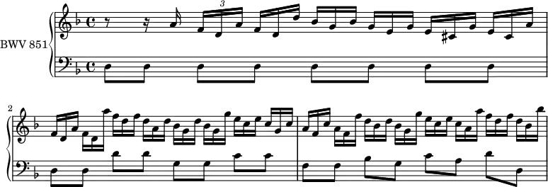 
\version "2.18.2"
\header {
  tagline = ##f
}

upper = \relative c'' {
    \clef treble 
    \key d \minor
    \time 4/4
    \tempo 4 = 56
    \set Staff.midiInstrument = #"harpsichord"

   %% PRÉLUDE CBT I-6, BWV 851, ré mineur
   r8 r16 a16 \tuplet 3/2 { f16[ d a'] } \omit TupletNumber \tuplet 3/2 { f16 d d' } \tuplet 3/2 { bes16[ g bes] } \tuplet 3/2 { g e g } \tuplet 3/2 { e[ cis g'] } \tuplet 3/2 { e cis a' } 
   \omit TupletNumber \tuplet 3/2 { f16 d a' } \tuplet 3/2 { f16[ d a''] } \tuplet 3/2 { f d f } \tuplet 3/2 { d[ a d] } \tuplet 3/2 { bes g d' } \tuplet 3/2 { bes[ g g'] } \tuplet 3/2 { e c e } \tuplet 3/2 { c[ g c] } 
   \omit TupletNumber \tuplet 3/2 { a16 f c' } \tuplet 3/2 { a16[ f f'] } \tuplet 3/2 { d bes d } \tuplet 3/2 { bes[ g g'] } \tuplet 3/2 { e c e } \tuplet 3/2 { c[ a a'] } \tuplet 3/2 { f d f } \tuplet 3/2 { d[ bes bes'] }
   
}

lower = \relative c {
    \clef bass 
    \key d \minor
    \time 4/4
    \set Staff.midiInstrument = #"harpsichord" 

    \repeat unfold 5 { d8[ d] } d'8 d g,[ g] c c f,[ f] bes g c[ a] d d,
} 

\score {
  \new PianoStaff <<
    \set PianoStaff.instrumentName = #"BWV 851"
    \new Staff = "upper" \upper
    \new Staff = "lower" \lower
  >>
  \layout {
    \context {
      \Score
      \remove "Metronome_mark_engraver"
      %\override SpacingSpanner.common-shortest-duration = #(ly:make-moment 1/3) 
    }
  }
  \midi { }
}
