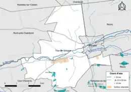 Carte en couleur présentantle réseau hydrographique de la commune