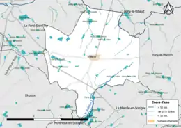 Carte en couleur présentantle réseau hydrographique de la commune