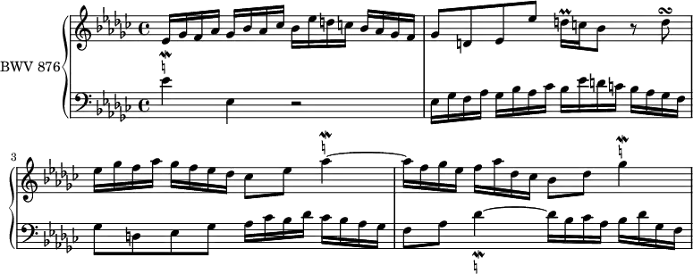 
\version "2.18.2"
\header {
  tagline = ##f
}

Fns       = { \tag #'print { ees16 } \tag #'midi { r16 }  }

Prallds   = { \tag #'print { d16\prall } \tag #'midi { \times 2/3 { ees32 d ees } }  }

Mordaesq   = { \tag #'print { aes4~^\mordent^\markup { \teeny \natural } } \tag #'midi { aes32 g aes16~ aes8~ }  }
Mordgesq   = { \tag #'print { ges4^\mordent^\markup { \teeny \natural } } \tag #'midi { ges32 f ges16~ ges8~ }  }
Mordeesq   = { \tag #'print { ees'4^\mordent^\markup { \teeny \natural } } \tag #'midi { ees32 d ees16~ ees8 }  }
Morddesq   = { \tag #'print { des4~_\mordent-\markup { \teeny \natural } } \tag #'midi { des32 c des16~ des8~ }  }

Turndq   = { \tag #'print { d8\turn } \tag #'midi { ees32 d c d }  }

upper = \relative c' {
  \clef treble 
  \key ees \minor
  \time 4/4
  \tempo 4 = 72 % tempo de Keller
  \set Staff.midiInstrument = #"harpsichord" 

   %% PRÉLUDE CBT II-8, BWV 877, ré dièse mineur
   \Fns ges16 f aes ges bes aes ces bes ees d c bes aes ges f 
   ges8 d ees ees' \Prallds c16 bes8 r8 \Turndq
   ees16 ges f aes ges f ees des ces8 ees \once \override TextScript.script-priority = #-100 \Mordaesq 
   aes16 f ges ees f aes des, ces bes8 des \once \override TextScript.script-priority = #-100 \Mordgesq 
   
}

lower = \relative c {
  \clef bass 
  \key ees \minor
  \time 4/4
  \set Staff.midiInstrument = #"harpsichord" 
    
   \once \override TextScript.script-priority = #-100 \Mordeesq ees,4 r2 ees16 ges f aes ges bes aes ces bes ees d c bes aes ges f 
   ges8 d ees ges aes16 ces bes des ces bes aes ges f8 aes \Morddesq des16 bes ces aes bes des ges, f
    
} 

 thePianoStaff = \new PianoStaff <<
    \set PianoStaff.instrumentName = #"BWV 876"
    \new Staff = "upper" \upper
    \new Staff = "lower" \lower
  >>

\score {
  \keepWithTag #'print \thePianoStaff
  \layout {
    \context {
      \Score
      \remove "Metronome_mark_engraver"
      %\override SpacingSpanner.common-shortest-duration = #(ly:make-moment 1/3) 
    }
  }
}

\score {
  \keepWithTag #'midi \thePianoStaff
  \midi { }
}
