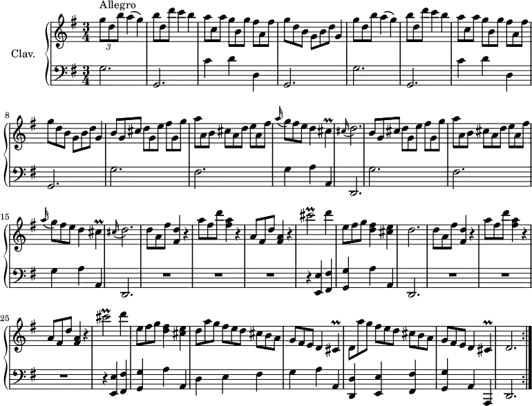 
\version "2.18.2"
\header {
  tagline = ##f
  % composer = "Domenico Scarlatti"
  % opus = "K. 391"
  % meter = "Allegro"
}

%% les petites notes
trillCis        = { \tag #'print { cis4\prall } \tag #'midi { d32 cis d cis~ cis8 } }
appoDb          = { \tag #'print { \appoggiatura cis16 d2. } \tag #'midi { cis4 d2 } }
trillCisbUp     = { \tag #'print { cis''2\prall } \tag #'midi { d32 cis d cis~ cis8~ cis4 } }

upper = \relative c'' {
  \clef treble 
  \key g \major
  \time 3/4
  \tempo 4 = 96
  \set Staff.midiInstrument = #"harpsichord"
  \override TupletBracket.bracket-visibility = ##f

  \repeat volta 2 {
      s8*0^\markup{Allegro}
      \repeat unfold 2 { \times 2/3 { g'8 d b' }   \omit TupletNumber  a4( g) | \times 2/3 { b8 d, d' } c4 b |  \times 2/3 { a8 c, a' }  \times 2/3 { g8[ b, g'] }  \times 2/3 { fis8 a, fis' } |  \times 2/3 { g8[ d b] }  \times 2/3 { g8 b d } g,4 }
      % ms. 9
      \repeat unfold 2 { \times 2/3 { b8 g cis } \times 2/3 { d8[ g, e'] } \times 2/3 { fis8 g, g' } | \times 2/3 { a8 a, b } \times 2/3 { cis8[ a d] } \times 2/3 { e a, fis' } |
      % ms. 11
      \appoggiatura a16 \times 2/3 { g8 fis e } d4 \trillCis | \appoDb } | 
      % ms. 17
      \times 2/3 { d8 a fis' } < fis, d' >4 r4 | \times 2/3 { a'8 fis d' } < fis, a >4 r4 | \times 2/3 { a,8 fis d' } < fis, a >4 r4 | \trillCisbUp d4 | \times 2/3 { e,8 fis g } < d fis >4 < cis e >
      % ms. 22
      d2. | \times 2/3 { d8 a fis' } < fis, d' >4 r4 | \times 2/3 { a'8 fis d' } < fis, a >4 r4 | \times 2/3 { a,8 fis d' } < fis, a >4 r4 | \trillCisbUp d4 | \times 2/3 { e,8 fis g } < d fis >4 < cis e > |
      % ms. 28
      \times 2/3 { d8 a' g } \times 2/3 { fis8[ e d] }  \times 2/3 { cis8 b a }  \times 2/3 { g8[ fis e] } d4 \trillCis | \times 2/3 { d8 a'' g } \times 2/3 { fis8[ e d] }  \times 2/3 { cis8 b a }  \times 2/3 { g8[ fis e] } d4 \trillCis | d2. }%repet

}

lower = \relative c' {
  \clef bass
  \key g \major
  \time 3/4
  \set Staff.midiInstrument = #"harpsichord"
  \override TupletBracket.bracket-visibility = ##f

  \repeat volta 2 {
    % ************************************** \appoggiatura a16  \repeat unfold 2 {  } \times 2/3 { }   \omit TupletNumber 
      \repeat unfold 2 { g2. | g, | c'4 d d, | g,2. } |
      % ms. 9
      \repeat unfold 2 {  g'2. | fis | 
      % ms. 11
      g4  a a, | d,2. } | 
      % ms. 17
      R2.*3 | r4 < e e' >4 < fis fis' > < g g' > a' a, |
      % ms. 22
      d,2. | R2.*3 | r4 < e e' >4 < fis fis' > < g g' > a' a, |
      % ms. 28
      d4 e fis g a a, < d, d' >4 < e e' >4 < fis fis' > | < g g' > a a, | d2. }%repet

}

thePianoStaff = \new PianoStaff <<
    \set PianoStaff.instrumentName = #"Clav."
    \new Staff = "upper" \upper
    \new Staff = "lower" \lower
  >>

\score {
  \keepWithTag #'print \thePianoStaff
  \layout {
      #(layout-set-staff-size 17)
    \context {
      \Score
     \override SpacingSpanner.common-shortest-duration = #(ly:make-moment 1/2)
      \remove "Metronome_mark_engraver"
    }
  }
}

\score {
  \unfoldRepeats
  \keepWithTag #'midi \thePianoStaff
  \midi { }
}
