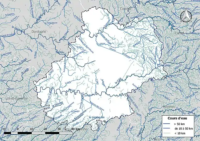 Carte de l'ensemble du réseau hydrographique du Lot.
