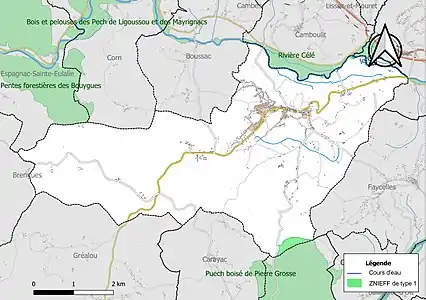 Carte des ZNIEFF de type 1 sur la commune.