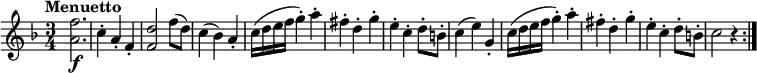 
\relative c' {
   \version "2.18.2"
   \clef "treble" 
   \tempo "Menuetto" 
   \key f  \major
   \time 3/4
  <a' f'>2. \f 
  c4-. a-. f-.
  <f d'>2 f'8 (d)
  c4 (bes) a-.
  c16 (d e f g4-.) a-.
  fis-. d-. g-.
  e-. c-. d8-. b-.
  c4 (e) g,-.
  c16 (d e f g4-.) a-.
  fis-. d-. g-.
  e-. c-. d8-. b-.
  c2 r4 \bar ":|."
}
