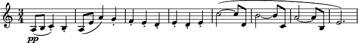 \header {
tagline = ##f
}
\score {
\new Staff \with {
}
<<
\relative c'' {
\clef treble
\key c \major
\time 3/4
\tempo 4 = 135
\override TupletBracket #'bracket-visibility = ##f
%\autoBeamOff
\set Staff.midiInstrument = #"string ensemble 1"
%%% AB 7-3 th1
a,8\pp( b c4-.) b-. a8( e' a4) g-. f-. e-. d-. e-. d-. e-. c'2~( c8 d, b'2~ b8 c, a'2~ a8 b, e2.)
}
>>
\layout {
\context { \Score \remove "Metronome_mark_engraver"
}
}
\midi {}
}