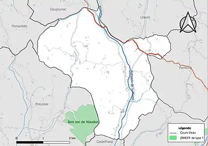 Carte de la ZNIEFF de type 1 sur la commune.