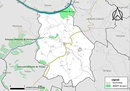 Carte des ZNIEFF de type 1 sur la commune.