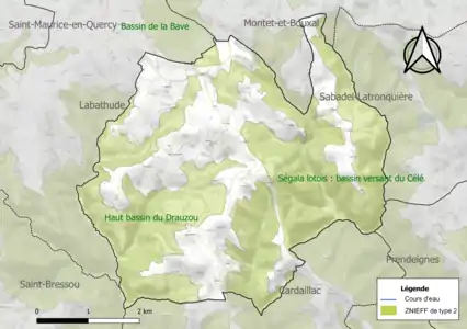 Carte des ZNIEFF de type 2 sur la commune.