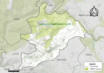 Carte de la ZNIEFF de type 2 sur la commune.