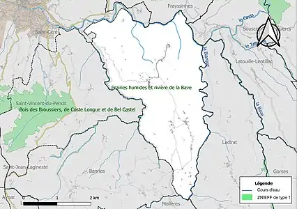 Carte de la ZNIEFF de type 1 sur la commune.