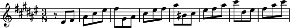 
\header {
  tagline = ##f
}

\score {
  \new Staff \with {

  }
<<
  \relative c' {
    \clef treble
    \key fis \major
    \time 3/8
    \tempo 8 = 128
    %\autoBeamOff
    \set Staff.midiInstrument = #"string ensemble 1"

     %%%%%%%%%%%%%%%%%%%%%%%%%% AB 9-2 th2
     r8 eis8 fis ais cis eis fis gis, ais cis eis fis ais bis, cis eis fis ais cis dis, eis fis ais cis

  }
>>
  \layout {
    \context { \Score \remove "Metronome_mark_engraver"
    }
  }
  \midi {}
}
